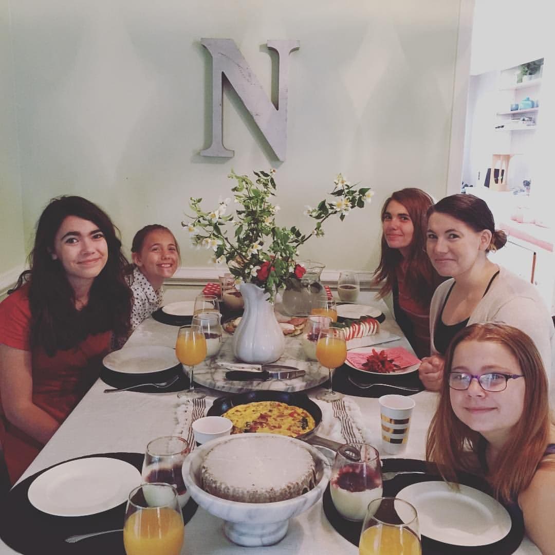 Family gathered at brunch table