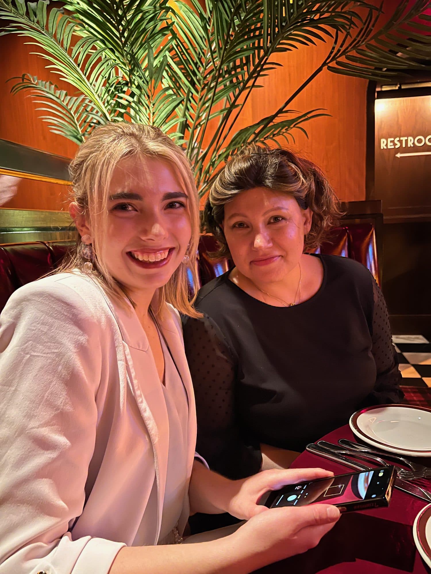Two women at a restaurant table