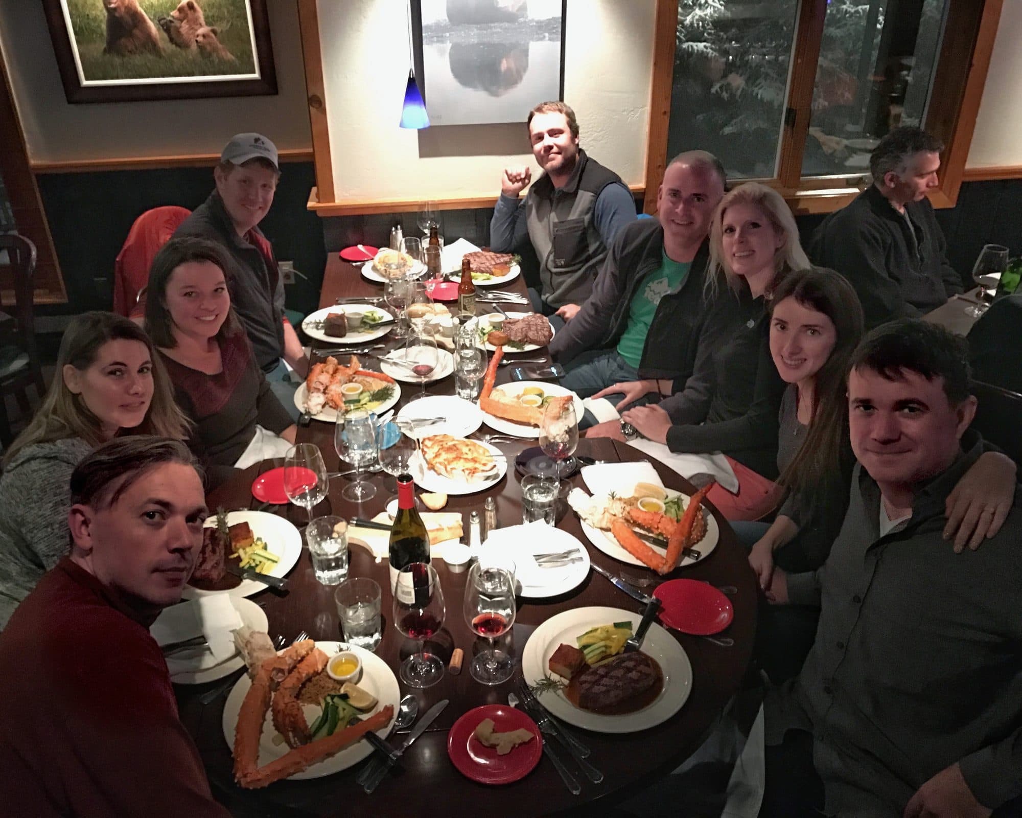Large group seafood dinner at a restaurant