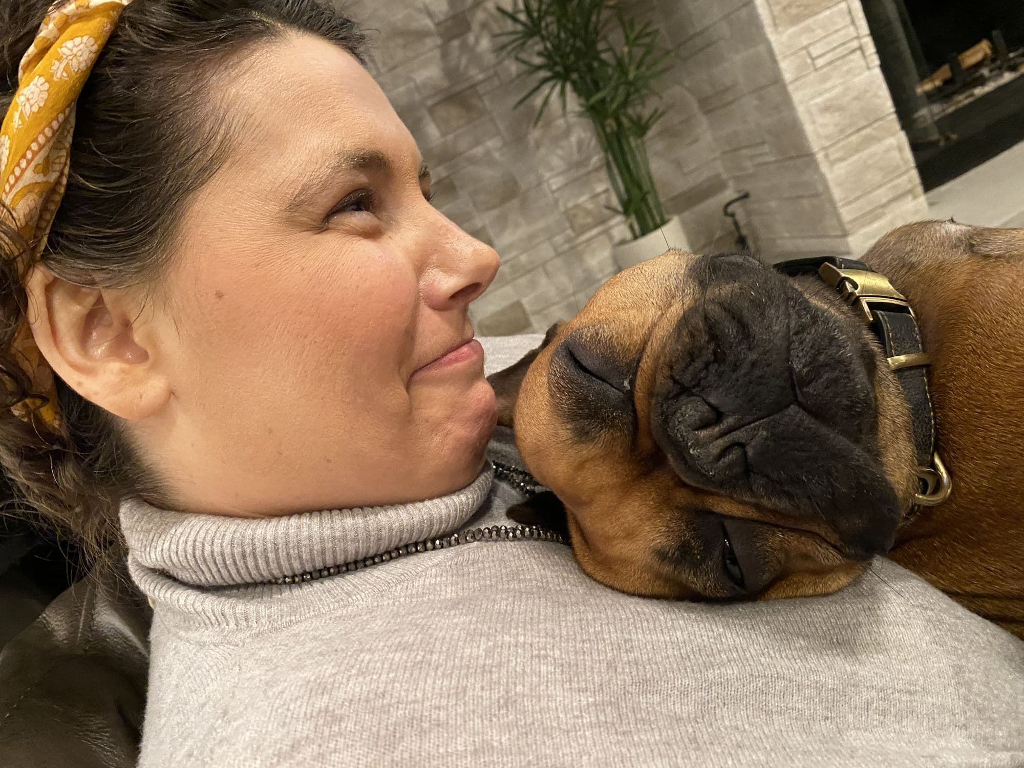 Woman nuzzled by a boxer dog