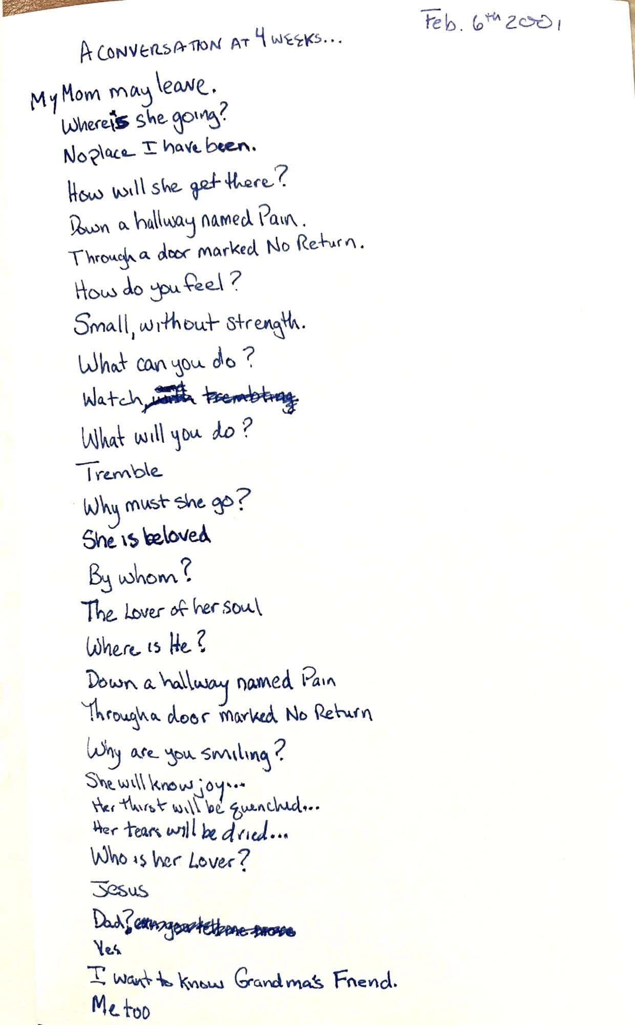 A handwritten page dated February 6, 2001, headed “A conversation at 4 weeks”, written as a series of questions and answers