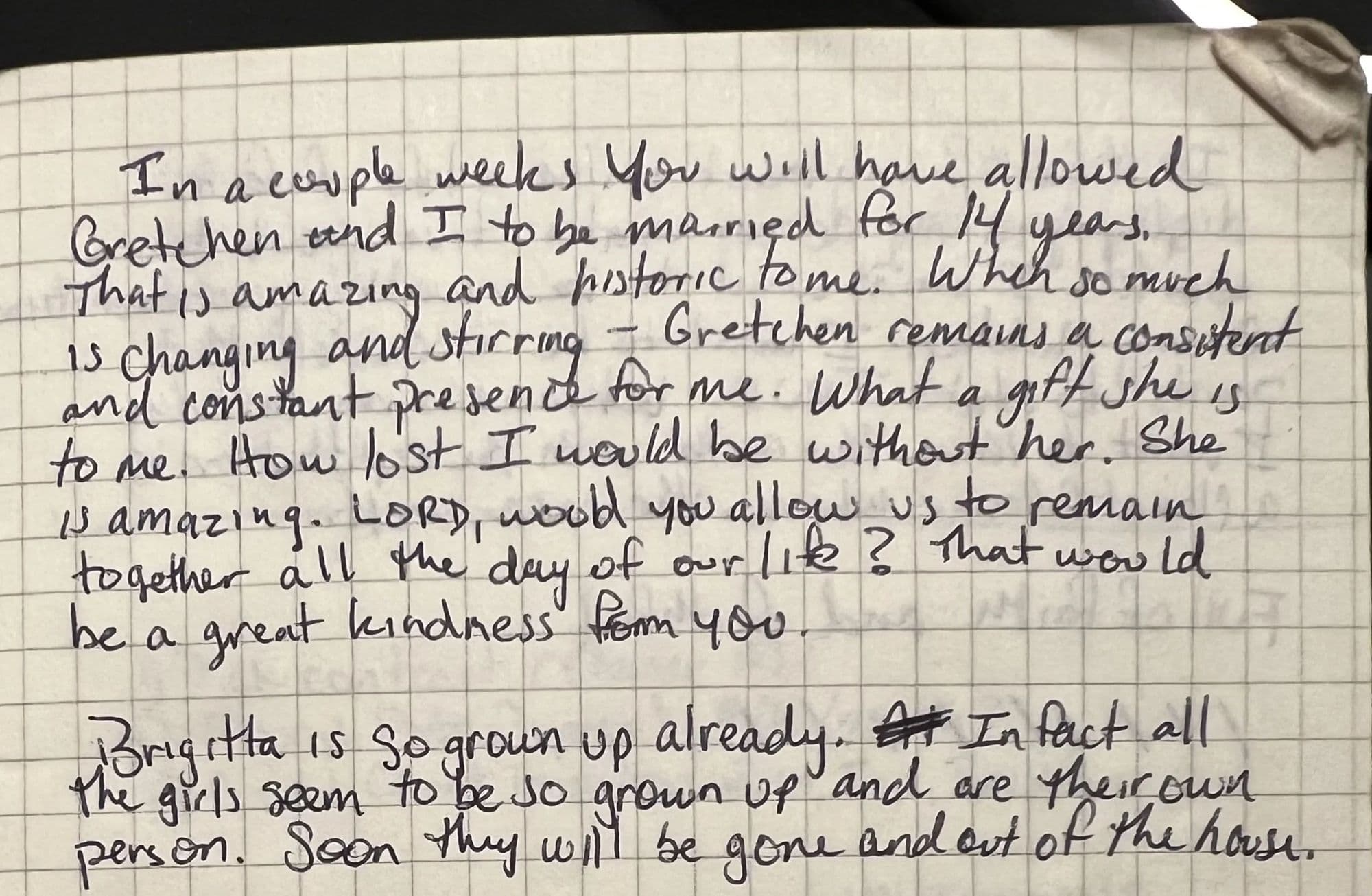 A handwritten journal page about being married to Gretchen for fourteen years and watching their daughters grow up
