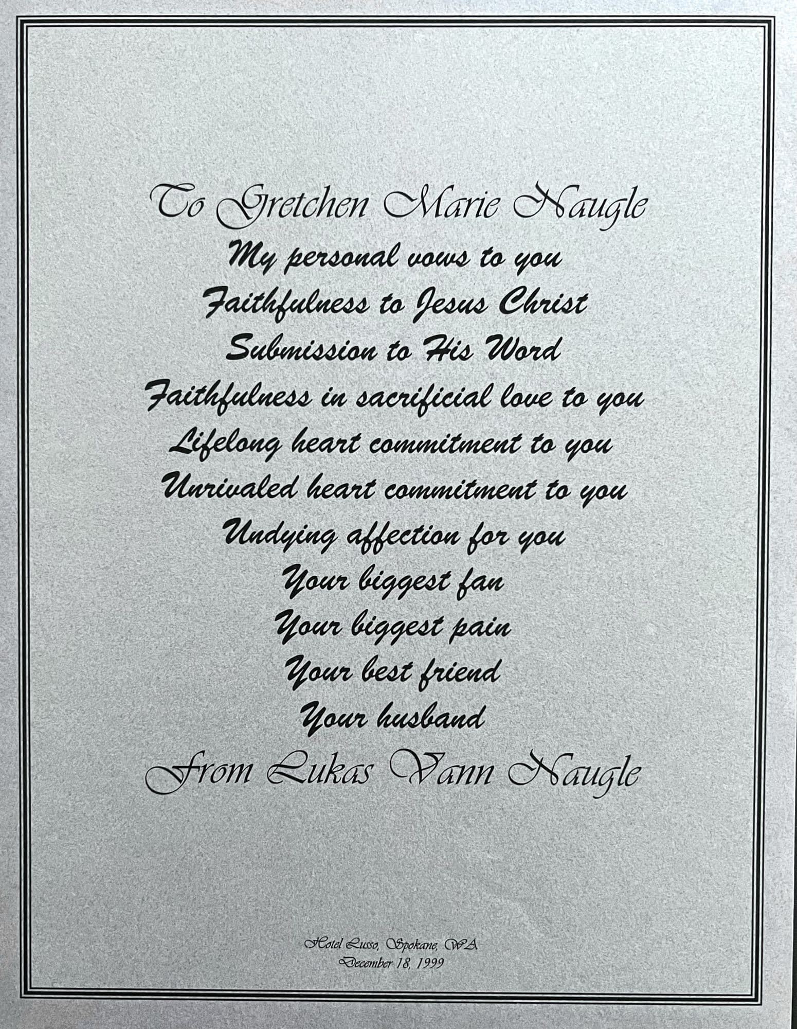 Printed wedding vows document